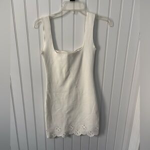 White Sleeveless Knit Mini Dress with Eyelet Hem